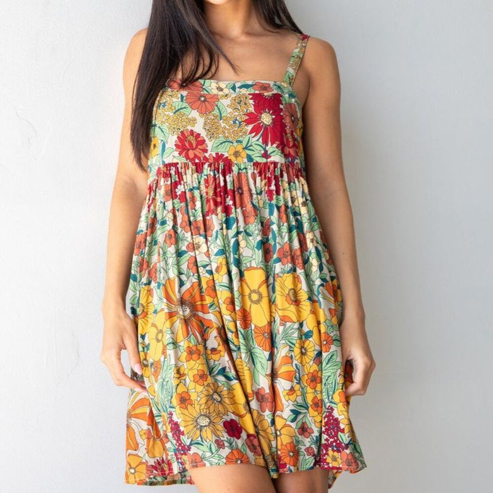 Natural Life Patti Mini Dress Gold Vintage Sleeveless Floral XS LIKE NEW